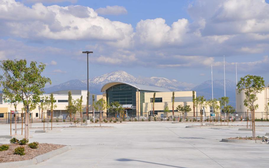The San Bernardino Mountains form a scenic backdrop to the new Million Air Terminal at the former Norton Air Force Base.