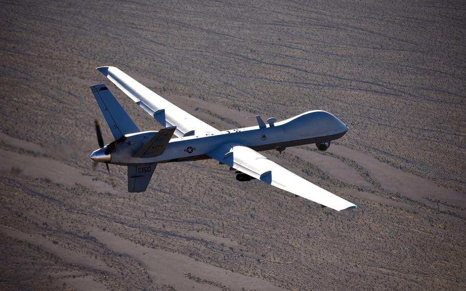 An MQ-9 Reaper flies a training mission over Nevada in 2019. American drones were effective against terrorists, but experts say they would be shot down easily in traditional great-power warfare.