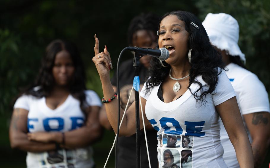 Tawanda Jones speaks about her brother Tyrone West on July 18 in Baltimore at an event marking the 10th anniversary of his death at the hands of police officers.