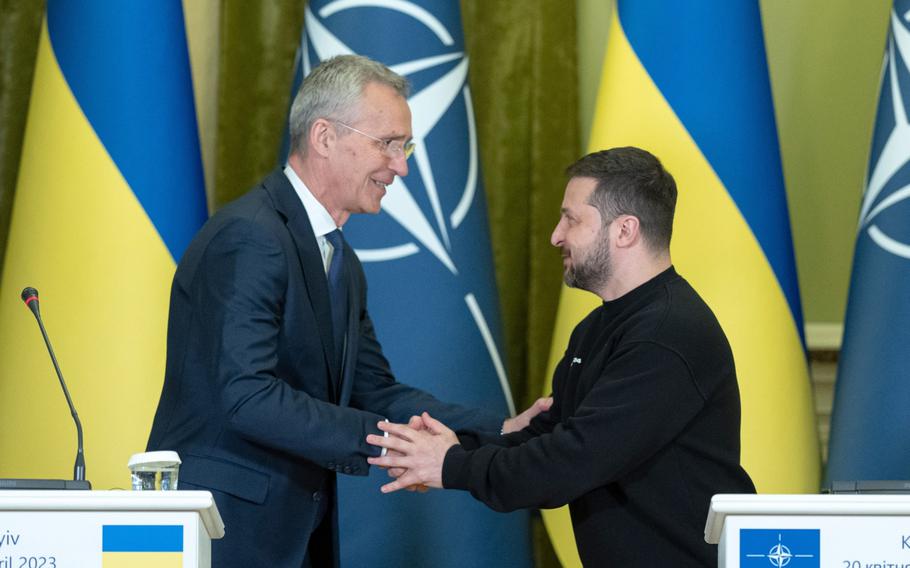 NATO Secretary General Jens Stoltenberg and Ukraine President Volodomyr Zelenskyy in Kyiv on April 20, 2023.