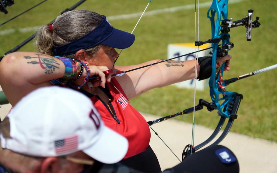 Army veteran Lia Coryell competes in the Paralympics’ W1 para-archery category at Yumenoshima Park in Tokyo, Friday, Aug. 27, 2021. 