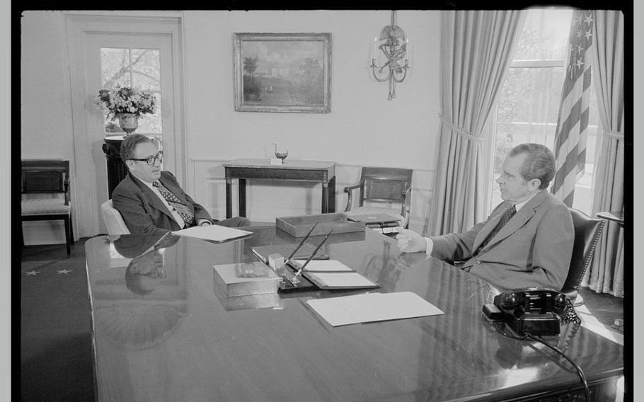 Henry Kissinger visits President Richard Nixon at the White House on March 22, 1974.