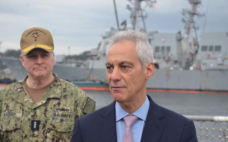 U.S Ambassador to Japan Rahm Emanuel, right, and Vice Adm. Fred Kacher, U.S. 7th Fleet commander, discuss with reporters the Japan Maritime Self-Defense Force training with Tomahawk missiles aboard the USS McCampbell at Yokosuka Naval Base, Japan, on March 28, 2024. 