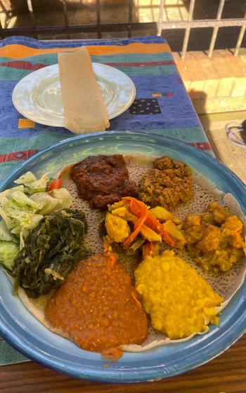 A mixed plate served at Mama of Africa restaurant in Wiesbaden, Germany, May 14, 2022. The plate contains three Ethiopian dishes.