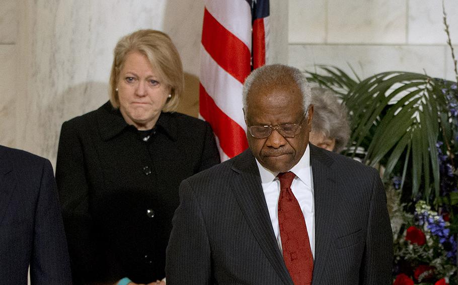 Ginni Thomas is pictured alongside her husband, U.S. Supreme Court Justice Clarence Thomas. 