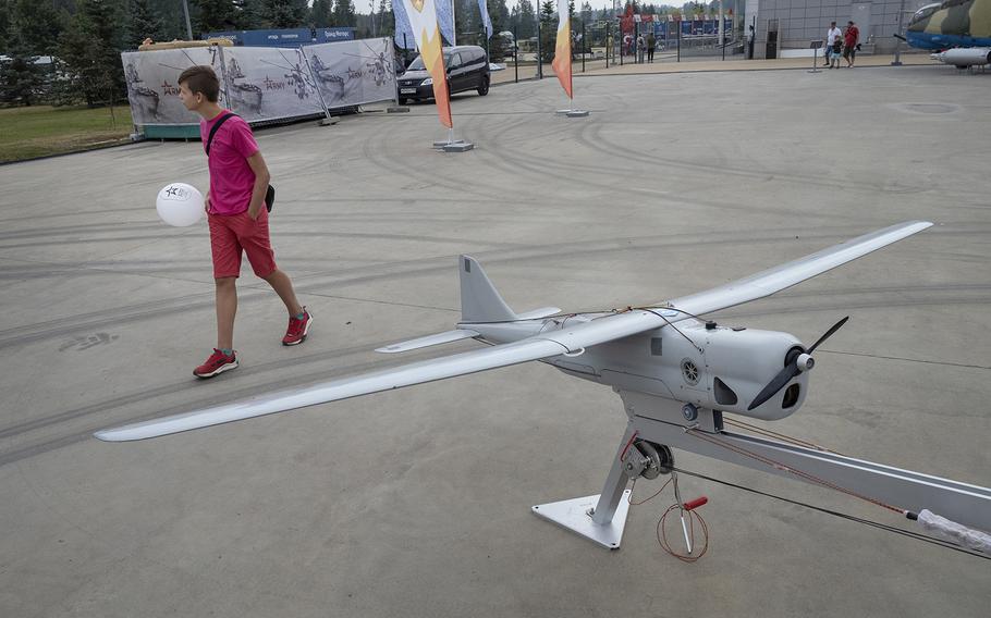 An Orlan-10 reconnaissance drone at a military expo in Kubinka, outside Moscow, on Aug. 20, 2022.