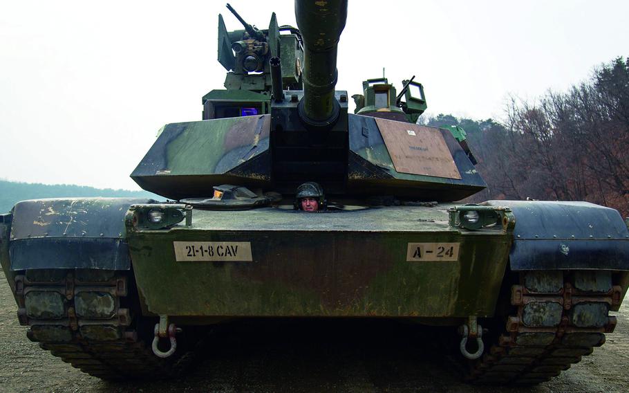 An M1A2 Abrams tank gears up for qualification at Rodriguez Live Fire Range, South Korea, Nov. 28, 2017.