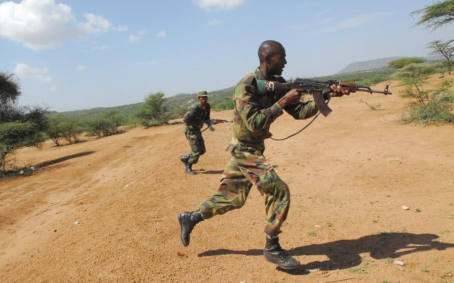 Ethiopian soldiers train with U.S. instructors recently at an Ethiopian base in Hurso.