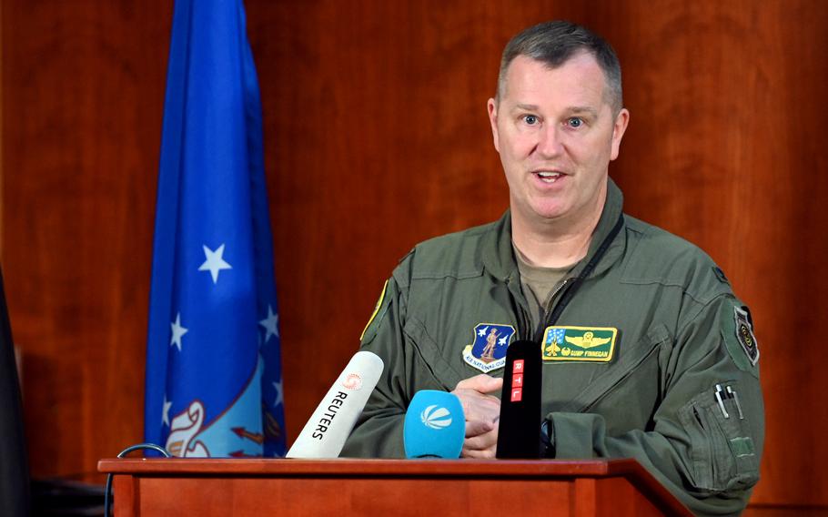 Col. Daniel Finnegan, commander of the 158th Fighter Wing of the Vermont Air National Guard, talks about his unit’s mission during the Air Defender 23 exercise at Spangdahlem Air Base, Germany, on June 14, 2023.