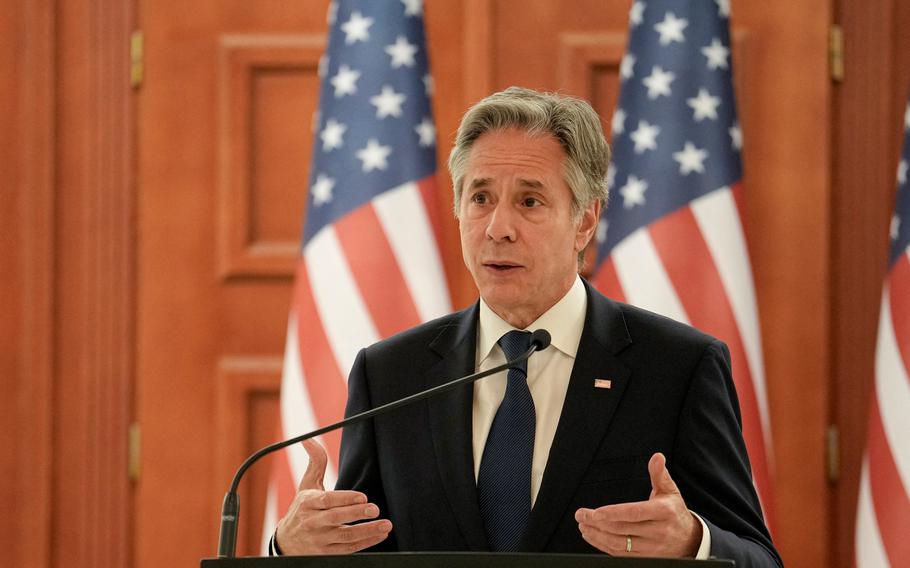 U.S. Secretary of State Antony Blinken speaks during a joint news conference with Moldova’s President Maia Sandu at the Moldovan Presidency in Chisinau, Moldova, on Wednesday, May 29, 2024.