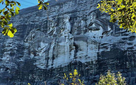 The carving of three Confederate leaders, Stonewall Jackson, Robert E. Lee and Jefferson Davis, is pictured at Stone Mountain State Park in Georgia on Oct. 16, 2021. (Daniel Slim/AFP via Getty Images/TNS)