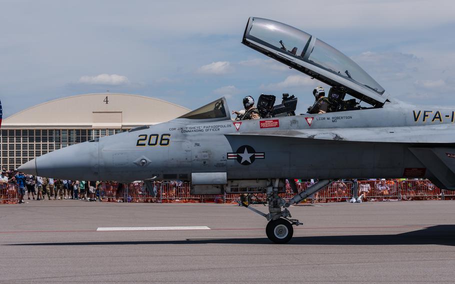 An F/A-18F Super Hornet with the Rhino Demonstration Team taxis on the flightline at MacDill Air Force Base, Fla., Saturday, March 30, 2024. The F/A-18F Super Hornet Rhino Demonstration Team was a featured performer during Tampa Bay AirFest.