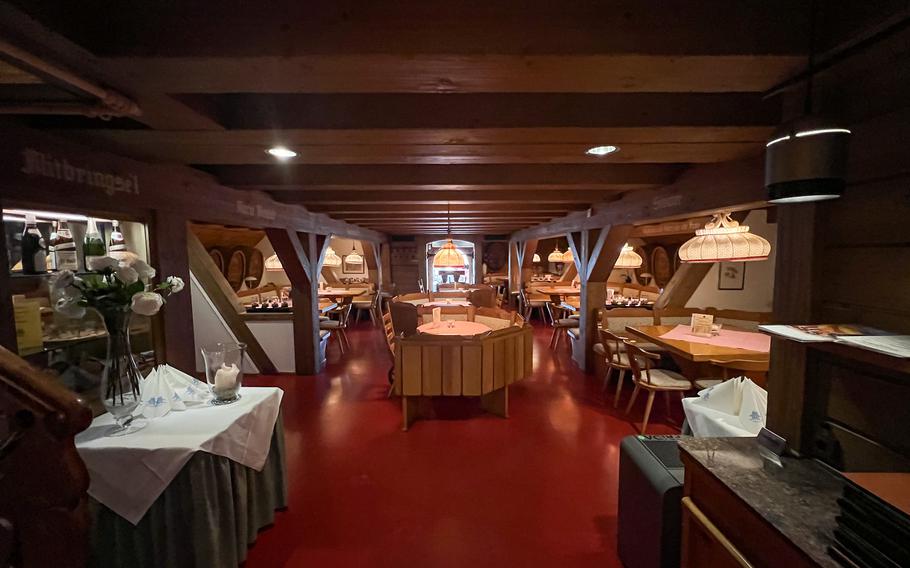 The dining room in the bottom of the wine barrel at the Duerkheim Giant Barrel in Bad Duerkheim, Germany. The wine barrel dining room offers seating for 70 but is reserved for groups and special occasions.