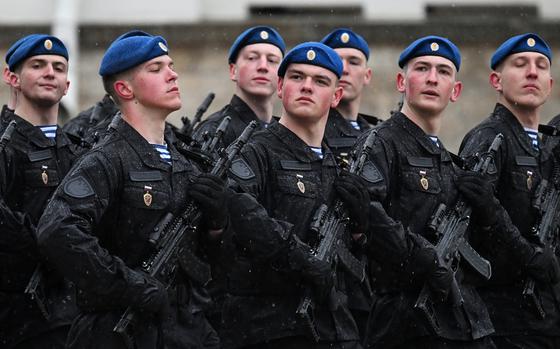 In this pool photograph distributed by Russian state agency Sputnik, honour guards of the Presidential regiment take part in a parade following Putin's inauguration ceremony at the Kremlin in Moscow on May 7, 2024. (Pavel Bednyakov/Pool/AFP/Getty Images/TNS)