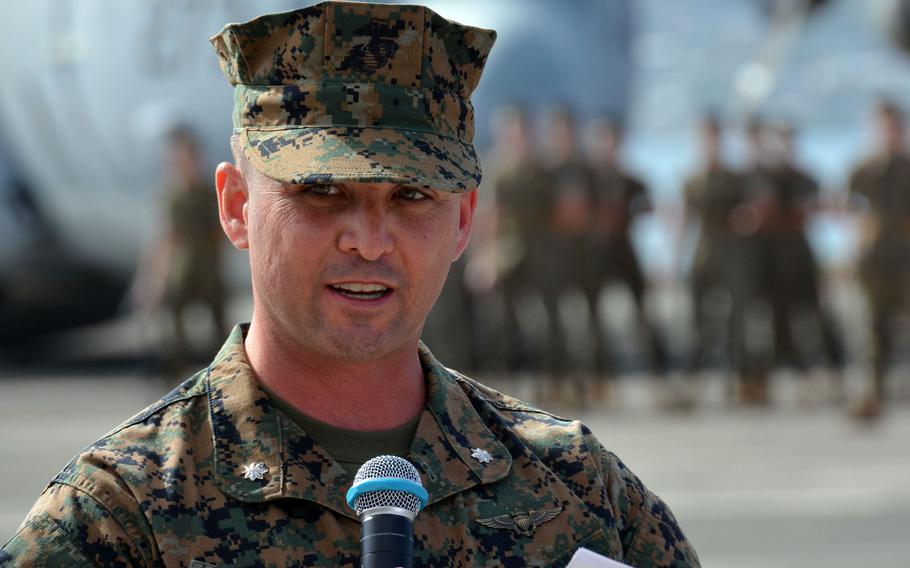 Lt. Col. Andrew Myers, commander of Marine Aerial Refueler Transport Squadron 153, speaks during the squadron’s activation ceremony at Marine Corps Base Hawaii, Friday, Jan. 13, 2023.