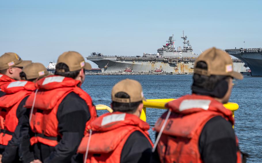 The Wasp-class amphibious assault ship USS Bataan (LHD 5), assigned to the Bataan Amphibious Ready Group (ARG), returns to Naval Station Norfolk, Thursday, March 21, 2024.