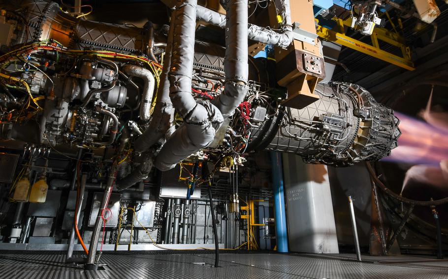 A Pratt & Whitney F135 engine undergoes accelerated mission testing in Sea Level Test Cell 3 at Arnold Air Force Base, Tenn., Nov. 15, 2021. The F135 is the engine used to power the F-35 Lightning II.