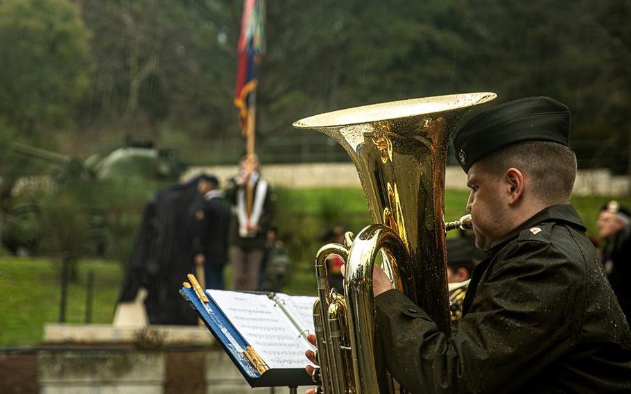 U.S. Army Spc. Ryan Halson, of the 3rd Infantry Division band, performs Tuesday, March 26, 2024, at the unveiling of a monument in Mignano Montelungo, Italy. The memorial honors soldiers from the division who waged an Italian offensive against the Nazis in World War II.
