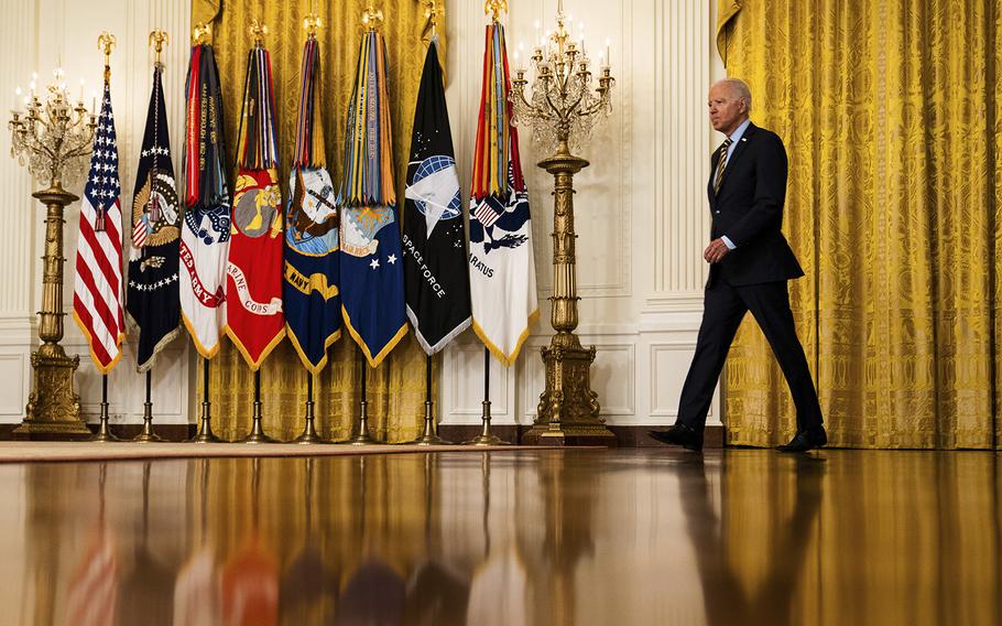 President Biden arrives in the East Room of the White House on July 8, 2021, to deliver remarks regarding the Afghanistan drawdown.