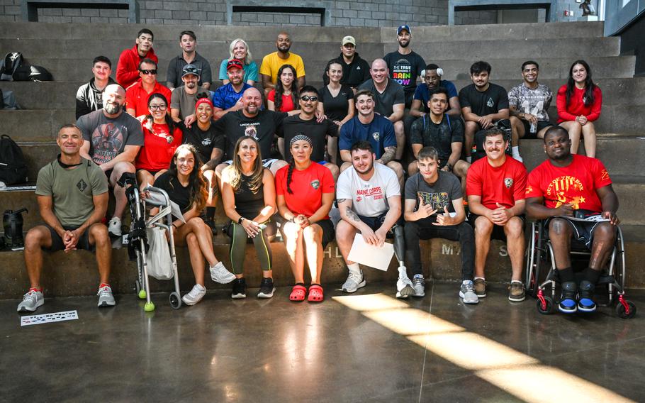 Marine Corps in the Wounded Warrior regiment sitting together.