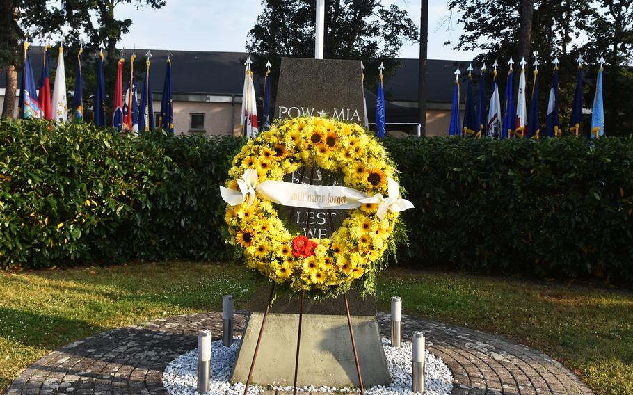 A wreath laid Sept. 10, 2021, in Clay Kaserne's Veterans' Memorial Park in Wiesbaden, Germany, commemorates the victims of the Sept. 11, 2001, attacks on the U.S. 