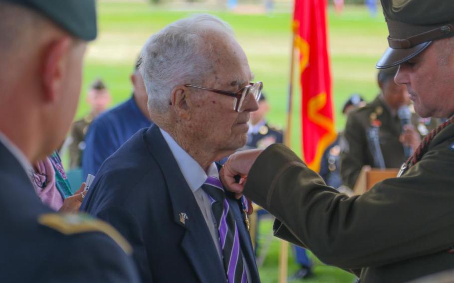 Maj. Gen. Charles Costanza, the 3rd Infantry Division commanding general, awards Harold Nelson the Silver Star Medal during an award ceremony at Fort Carson, Colo., on Oct. 4, 2022.