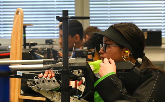 Ansbach’s Syney Mendoza finished with the team's high score and season best with her family in attendance for her performance during the DODEA-Europe marksmanship competition at Vilseck High School on Dec. 9, 2023.