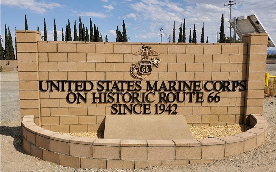 An undated photo of a new marquee outside the front gate of Marine Corps Logistics Base Barstow that recognizes the ties between the base in California’s Inland Empire and the historic U.S. Highway 66. The Barstow base is the only military installation with a segment of Route 66 running directly through it, base officials said.