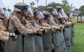 A line of troops in camouflage uniforms and wearing face shields lean against riot shields on the ground in a grassy field during a training exercise.