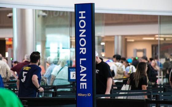 Photo of an Honor Lane at BNA (Nashville International Airport). Military/Honor Lanes are dedicated lanes at airports for active service members. Active service members will then receive screening per their active duty status.
Photo by Adrian White