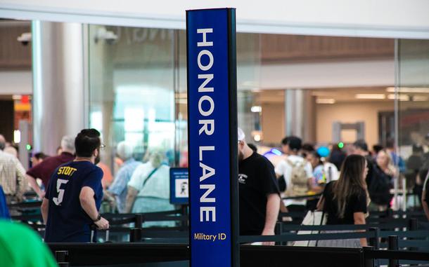 Photo of an Honor Lane at BNA (Nashville International Airport). Military/Honor Lanes are dedicated lanes at airports for active service members. Active service members will then receive screening per their active duty status.
Photo by Adrian White