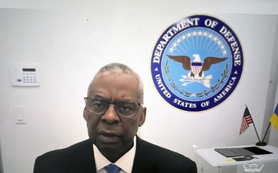 In this Defense Department video screenshot, Defense Secretary Lloyd Austin speaks from his home in Great Falls, Va., to a meeting of the Ukraine Defense Contact Group on Tuesday, Jan. 23, 2024. Austin has been recuperating at home from complications from prostate cancer. 