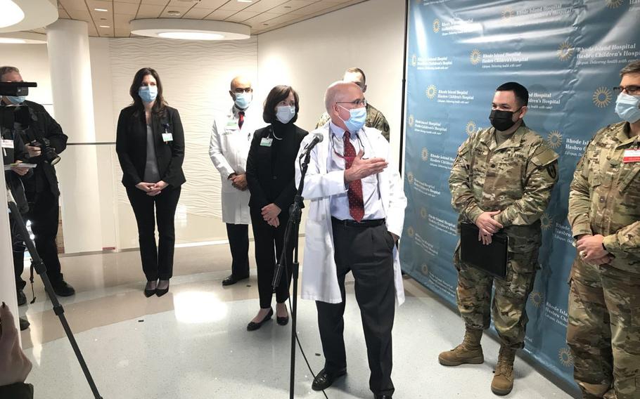 Rhode Island Hospital president Dr. Saul N. Weingart thanks a military medical team for the help it has provided in treating a surge in coronavirus patients.