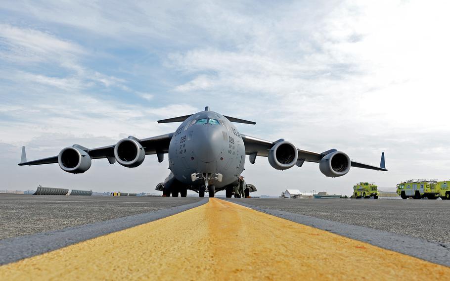 A C-17 Globemaster III sits on the runway at Grant County International Airport in Moses Lake, Wash., on Oct. 9, 2015. It will be one of the aircraft on display at the Moses Lake Airshow this weekend.