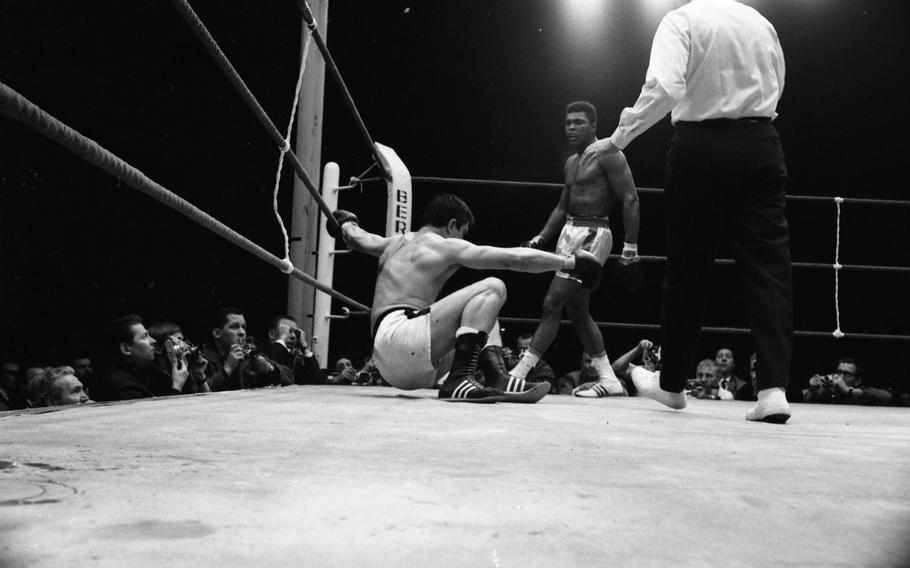 European champion Karl Mildenberger of Germany is down after a crisp left hook to the jaw from defending world heavyweight champion Muhammad Ali. The drop came in the eighth round of a scheduled 15-round title bout in Frankfurt, Germany on Sept. 10, 1966. Ali won a technical knockout when the referee Teddy Waltham stopped in the 12th to protect the bleeding German from more punishment.