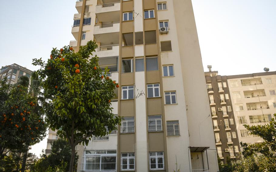 An apartment building in Adana, Turkey, remains cracked on Feb. 25, 2023, after earthquakes earlier in the month shook the region and collapsed buildings throughout the country. 