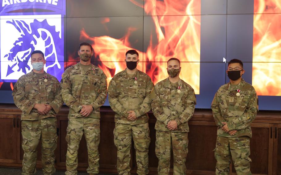 Five service members won the 18th Airborne Corps’ sixth Dragon’s Lair innovation competition, Dec. 6, 2021.The winners were: U.S. Air Force 1st Lt. Justin O’Brien, U.S. Army 2nd Lt. Christian Lance Relleve, Sgt. 1st Class Keenan Millay, Staff Sgt. Carter Casey and Spc. Johnathan King. The 18th Airborne Corps and the Army Futures Command are seeking idea submissions for the seventh Dragon’s Lair innovation competition, which will take place Aug. 16 in Austin, Texas.