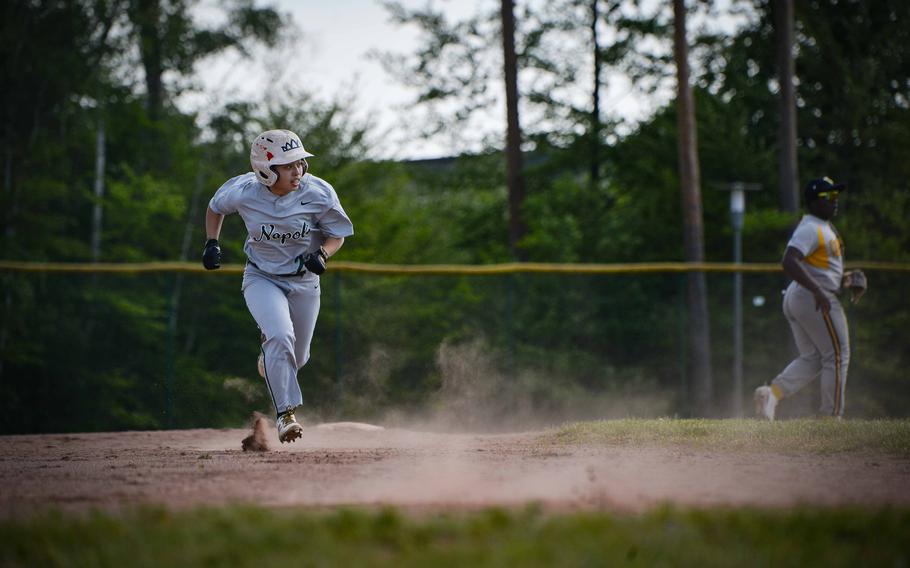 Naples junior Ella Taitingfong rushes to third base during the DODEA-Europe Division II-III Baseball Championships at Ramstein Air Base, Germany, May 18, 2023.