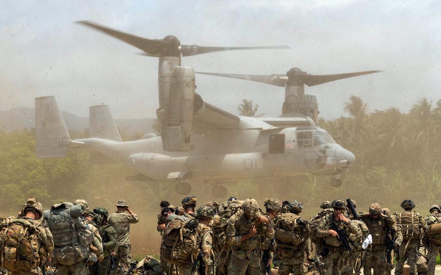 U.S. and Philippine troops will practice island raids during ‘shoulder to shoulder’ exercise troops prepare to board a Marine Corps MV-22 Osprey on Calayan Island, Philippines, April 23, 2023. 