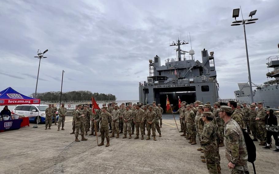 U.S. Army Vessel General Frank S. Besson from the 7th Transportation Brigade, 3rd Expeditionary Sustainment Command, XVIII Airborne Corps, departs Saturday, March 9, 2024, from Joint Base Langley-Eustis, Va., en route to the Eastern Mediterranean to provide humanitarian assistance to Gaza by sea.