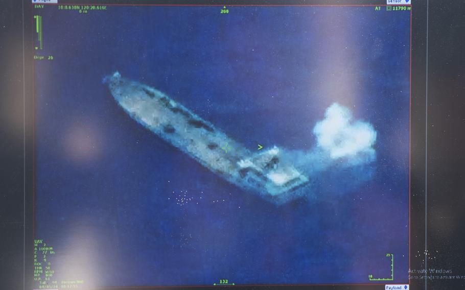 A live feed of a target ship about 10 miles offshore is displayed during a Balikatan drill at the La Paz Sand Dunes in Laoag, Philippines, May 8, 2024.