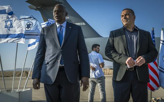 Secretary of Defense Lloyd J. Austin III and Director General of the Israeli Ministry of Defense, Maj. Gen. Eyal Zamir address the media at Nevatim Air Base, Israel, Oct. 13, 2023. Austin traveled to the country to meet with Israeli leaders face-to-face and underscore the unwavering support of the U.S. for the people of Israel and commitment to ensuring Israel has what it needs to defend itself.  While in Israel, Secretary Austin also met with Prime Minister Benjamin Netanyahu and the Israeli War Cabinet and  see firsthand some of the U.S. security assistance being ddelivered the air base. (DoD photo by Chad J. McNeeley)