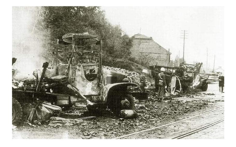A post in October 2023 shows the burned out wreckage of a 1945 crash involving several Army vehicles after the close of World War II that killed eight soldiers and wounded many more.