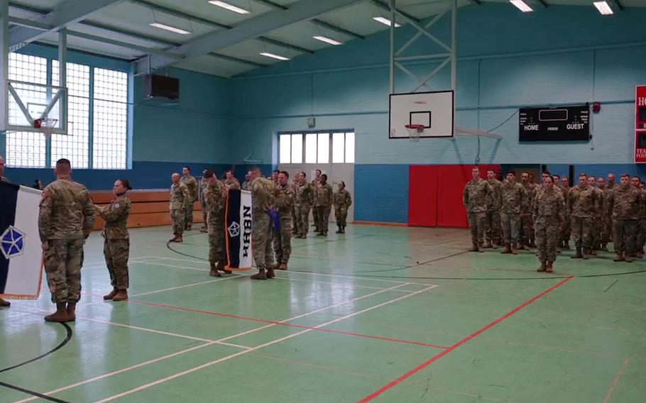 The V Corps colors are uncased April 5, 2022, at a ceremony in Ansbach, Germany. The Ukraine crisis prompted the Pentagon to order 300 additional V Corps soldiers to Europe, with some taking up a temporary position in the Bavarian city.