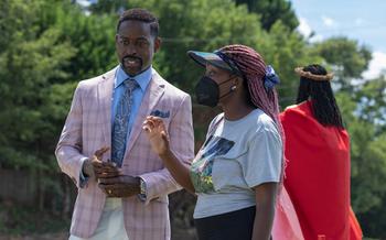 Actor Sterling K. Brown and writer/director Adamma Ebo on the set of their film “Honk for Jesus. Save Your Soul.”