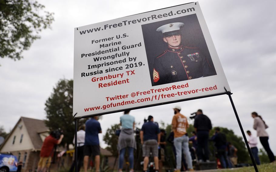 A campaign yard sign sits outside Joey and Paula Reeds Granbury, Texas, home after their son, U.S. Marine Corps veteran and Russian prisoner Trevor Reed, was released, April 27, 2022. Russia released Reed, who has been suffering from tuberculosis in squalid prisons, trading him for a Russian drug smuggler serving a long prison sentence in the U.S.
