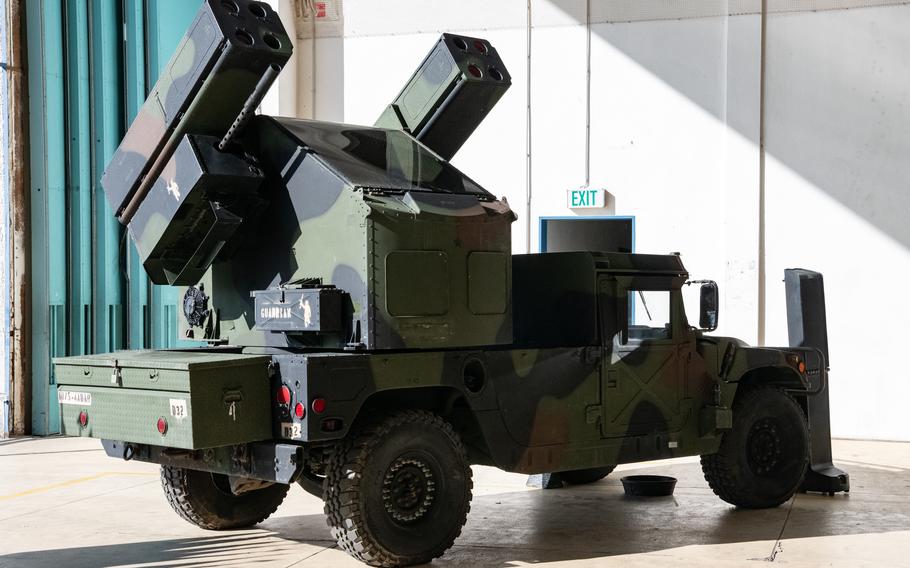 An Avenger Air Defense System is positioned in a hangar at Katterbach Kaserne in Germany on Oct. 4, 2023, when 1st Battalion, 57th Air Defense Artillery Regiment was reactivated. The unit will provide short-range air defense with Avengers. 