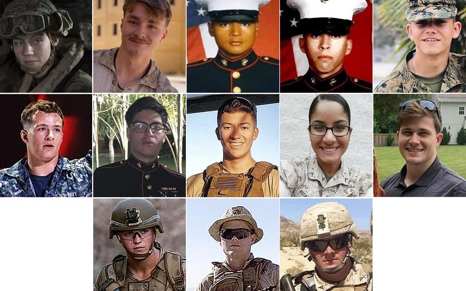 Eleven Marines, one sailor and one soldier were among the dead in a suicide bombing at Afghanistan’s Kabul airport Thursday, which also claimed the lives of more than 100 Afghans. Top row, from left: Sgt. Nicole L. Gee, Cpl. Daegan W. Page, Lance Cpl. David L. Espinoza, Lance Cpl. Dylan R. Merola and Lance Cpl. Kareem M. Nikoui. Center row, from left: Seaman Maxton W. Soviak, Cpl. Humberto A. Sanchez, Cpl. Hunter Lopez, Sgt. Johanny Rosariopichardo and Staff Sgt. Ryan C. Knauss. Bottom row, from left: Lance Cpl. Rylee J. McCollum, Lance Cpl. Jared M. Schmitz and Staff Sgt. Darin T. Hoover.