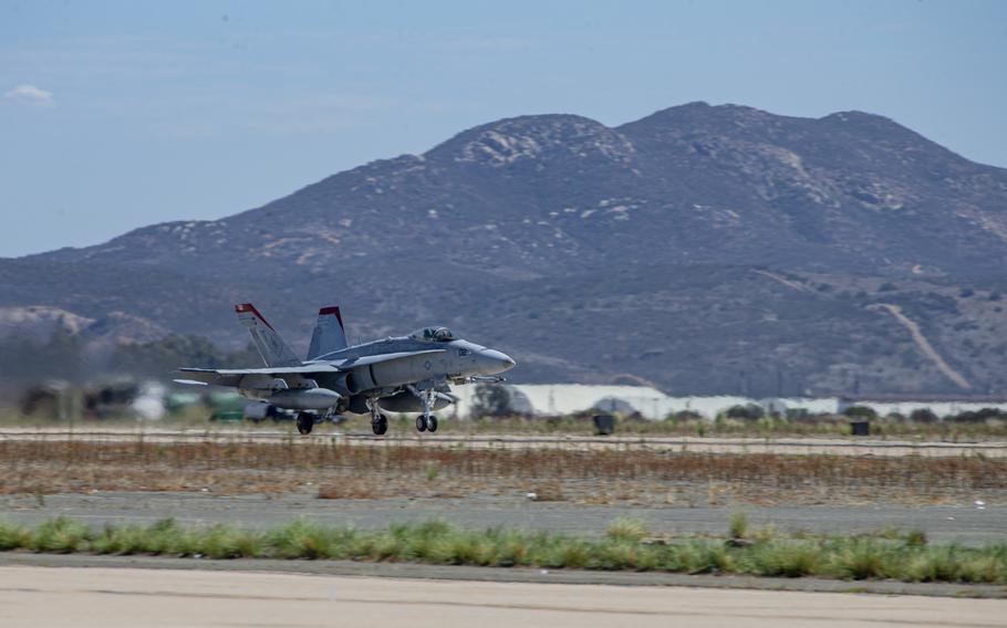 An F/A-18 Hornet, similar to the one shown here in 2022, crashed in a rural area near Marine Corps Air Station Miramar in California on Aug. 24, 2023. 