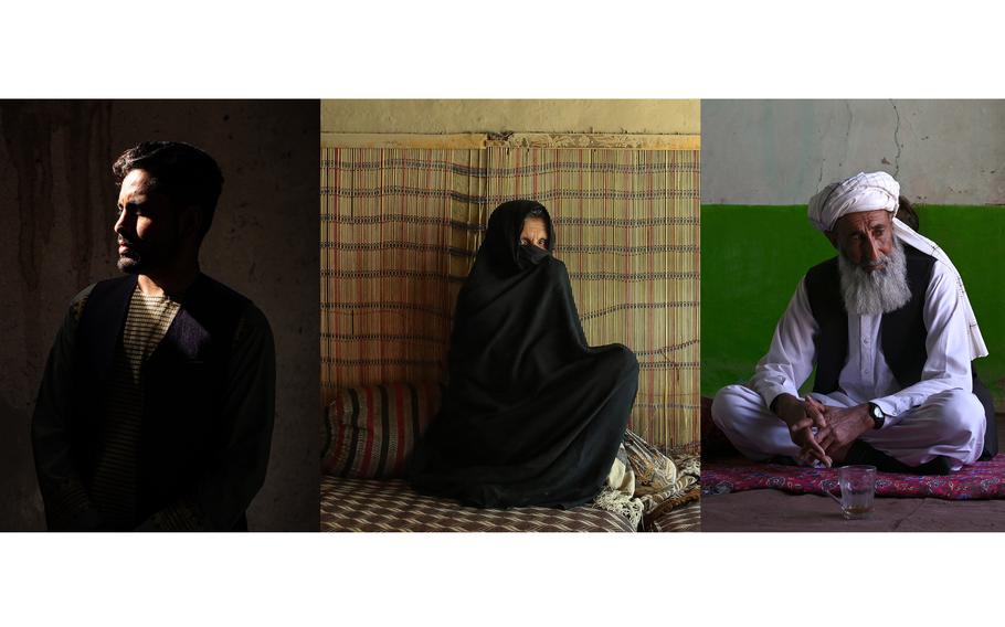 Wasiullah, first image, was detained at the 02 base in Jalalabad after he witnessed the raid on the four brothers. Soahiba, second image, watched as her three sons and son-in-law were shot and killed in an 02 unit raid. Ghulam Rasul, third image, was an eyewitness to the airstrike and night raid that followed in Kamal Khel, Logar province, which killed four members of his family.
